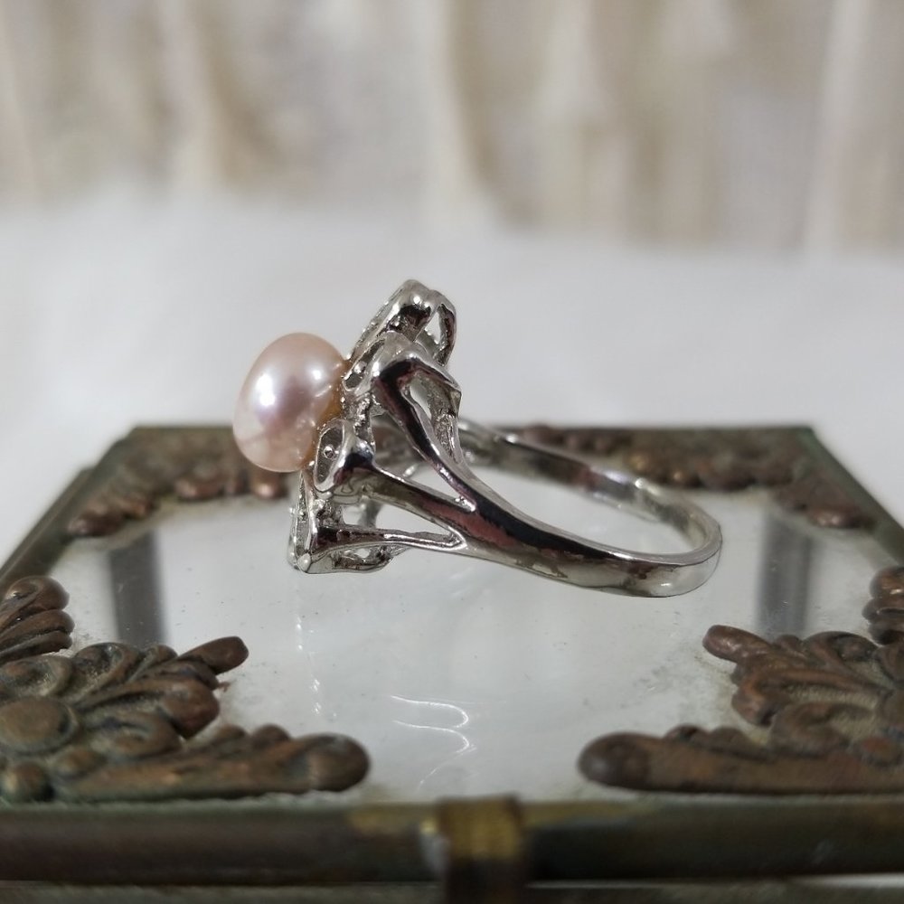 nwot 9mm Peach Saltwater Pearl Flower Silver Ring - Picture 3 of 5